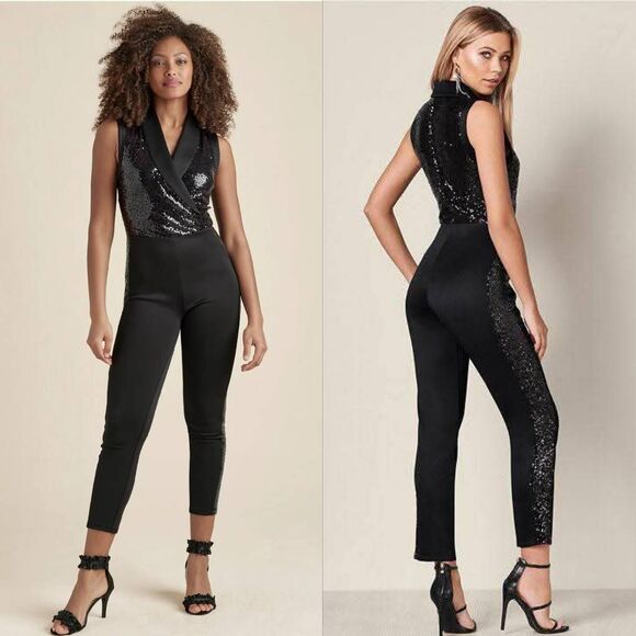 Venus Sequin Detail Tuxedo Jumpsuit Women's Medium Black Sleeveless Cocktail - Picture 1 of 8